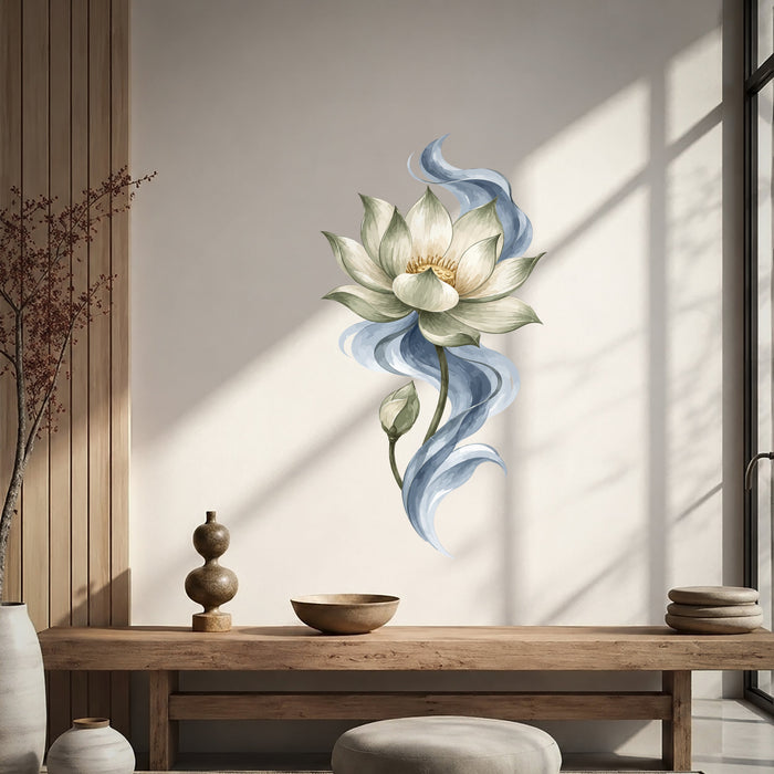 White lotus flower with flowing blue petals wall decal shown in a japandi living room 03 room interior.
