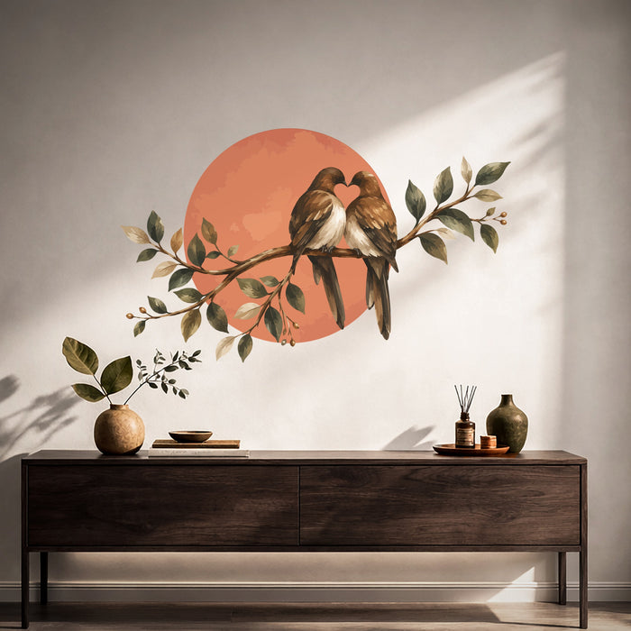Two love birds perched on a branch before a sunset wall decal shown in a japandi hall 01 room interior.