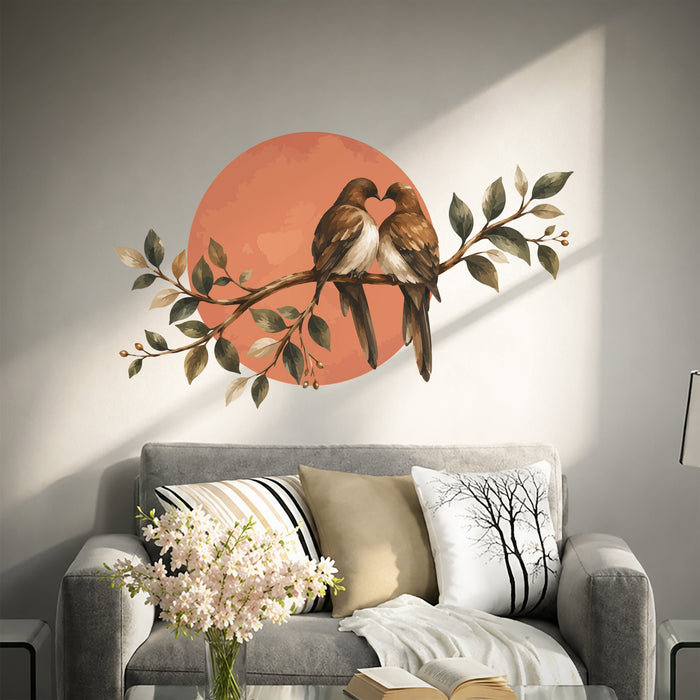 Two love birds perched on a branch before a sunset wall decal shown in a contemporary interior 04 room interior.