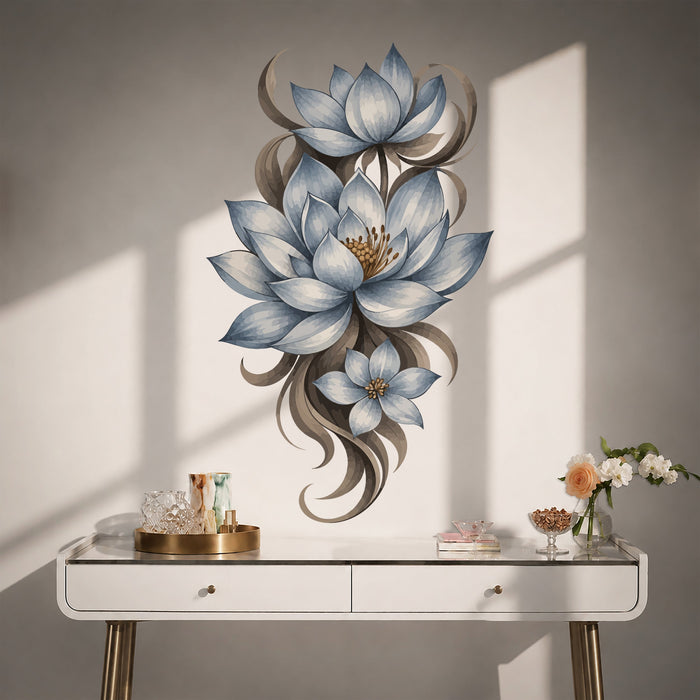 Blue floral vine with layered blossoms wall decal shown in a contemporary interior 05 room interior.