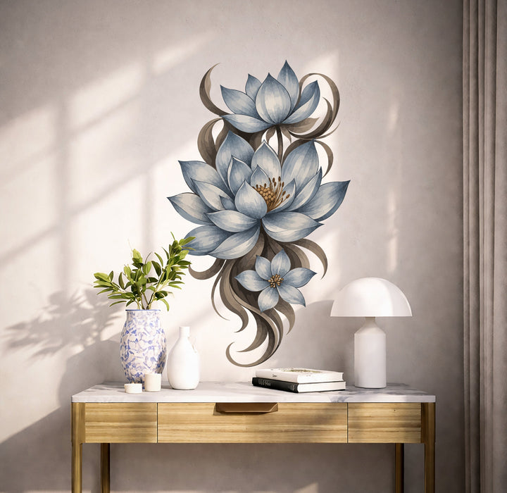 Blue floral vine with layered blossoms wall decal shown in a scandinavian interior 02 room interior.