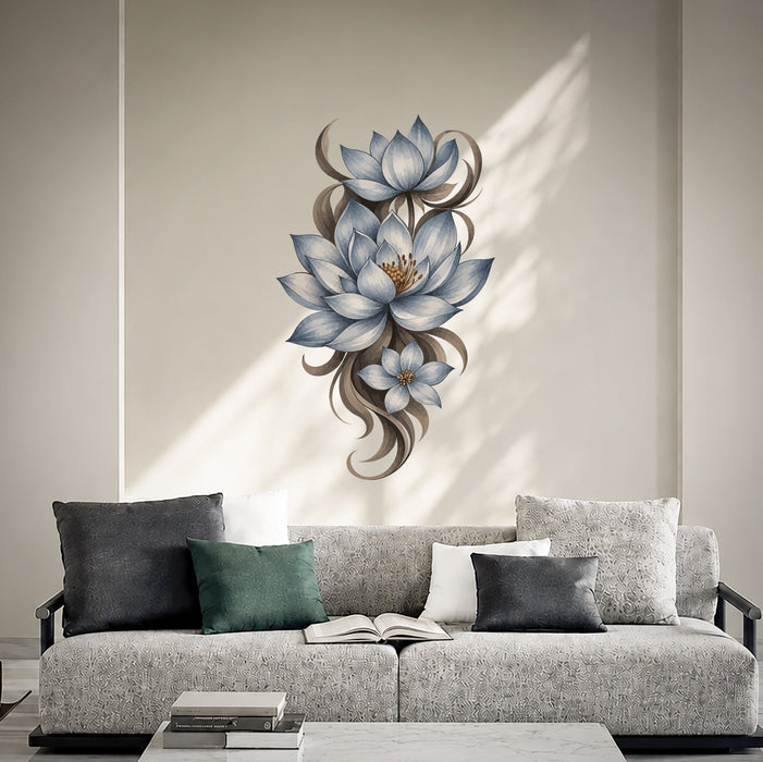 Blue floral vine with layered blossoms wall decal shown in a contemporary interior 03 room interior.