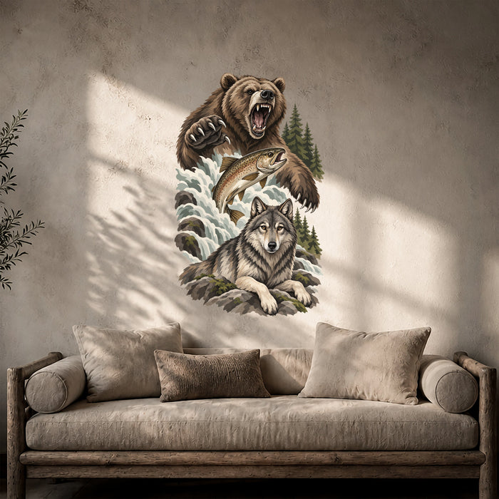 Bear wolf and salmon in a forest scene wall decal shown in a rustic 02 room interior.