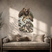 Bear wolf and salmon in a forest scene wall decal shown in a rustic 02 room interior.
