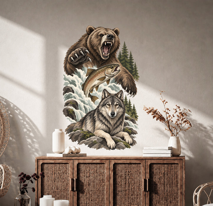 Bear wolf and salmon in a forest scene wall decal shown in a boho interior 03 room interior.