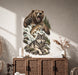 Bear wolf and salmon in a forest scene wall decal shown in a boho interior 03 room interior.