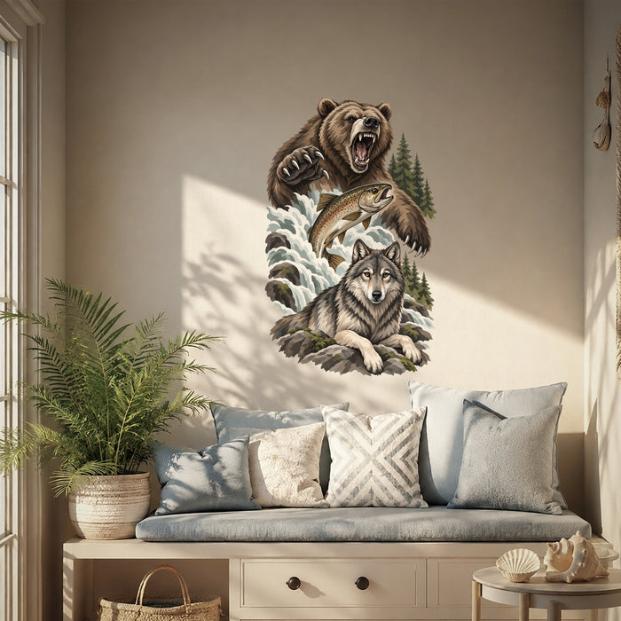 Bear wolf and salmon in a forest scene wall decal shown in a coastal 04 room interior.