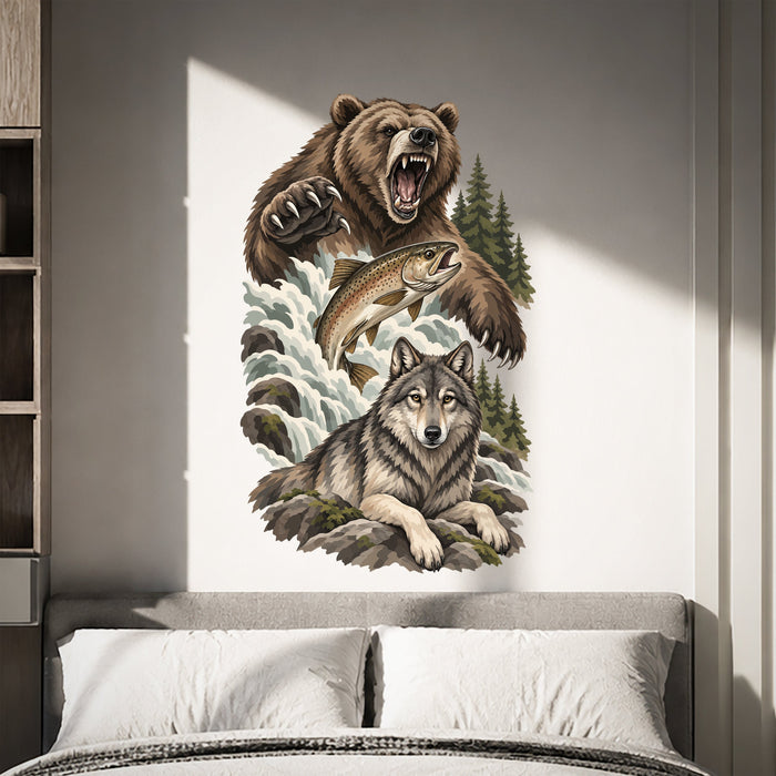 Bear wolf and salmon in a forest scene wall decal shown in a teenager room 02 room interior.