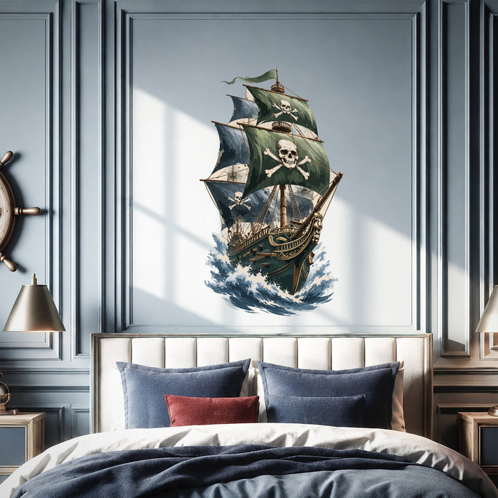 Pirate ship with skull sails on the ocean wall decal shown in a coastal 03 room interior.