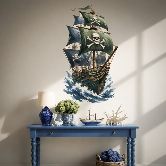 Pirate ship with skull sails on the ocean wall decal shown in a coastal 01 room interior.