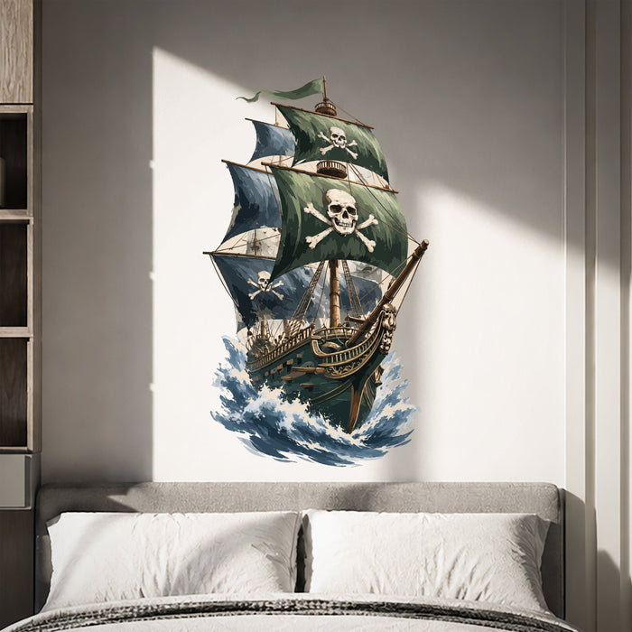 Pirate ship with skull sails on the ocean wall decal shown in a teenager room 02 room interior.