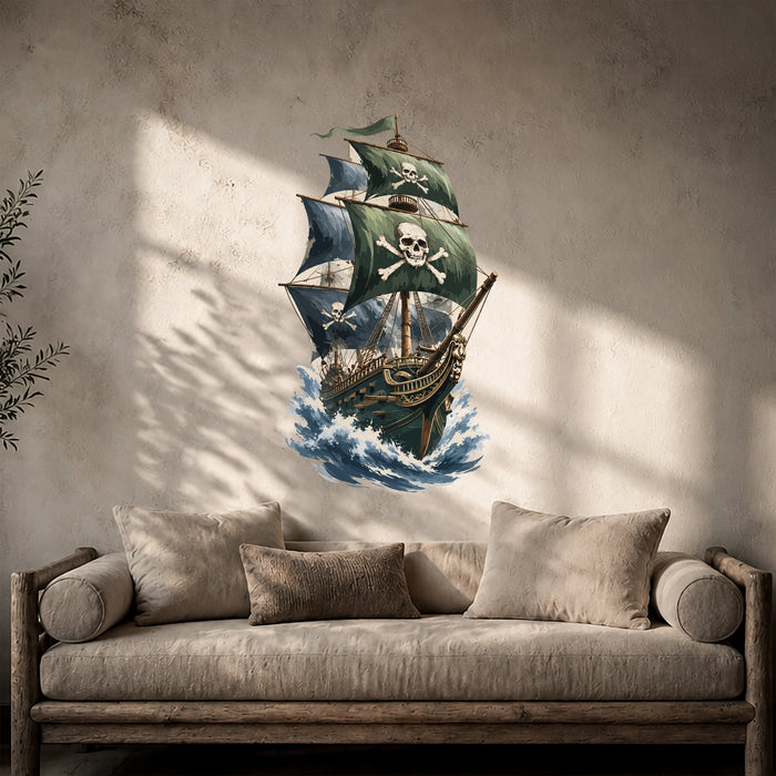 Pirate ship with skull sails on the ocean wall decal shown in a rustic 02 room interior.