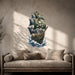 Pirate ship with skull sails on the ocean wall decal shown in a rustic 02 room interior.