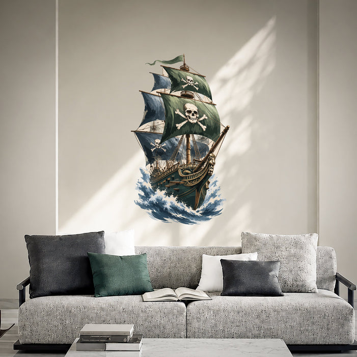 Pirate ship with skull sails on the ocean wall decal shown in a contemporary interior 03 room interior.