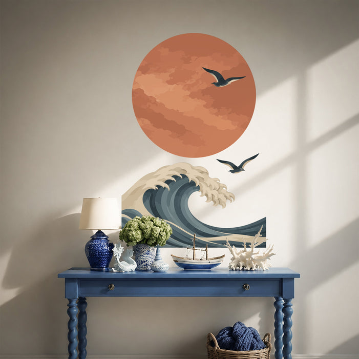 Seagulls over an ocean wave and sun wall decal shown in a coastal 01 room interior.