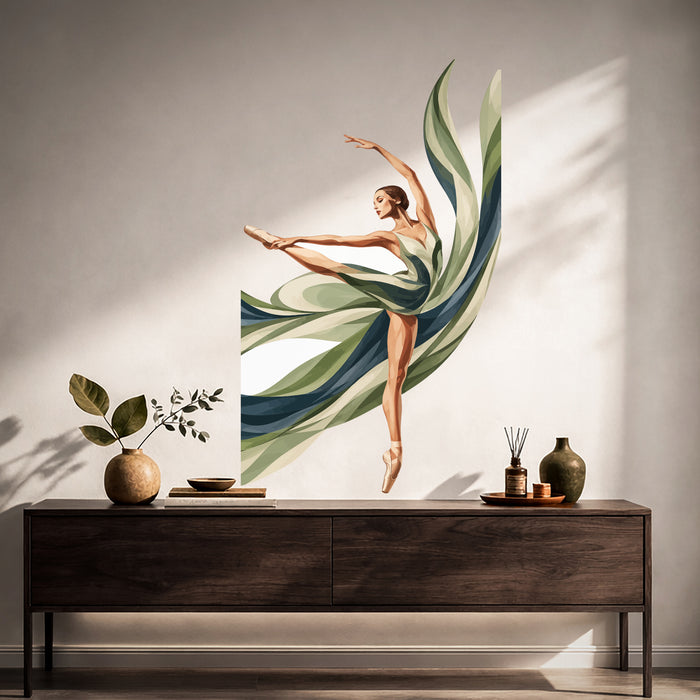Ballerina with flowing abstract leaves wall decal in a japandi hall 01 interior