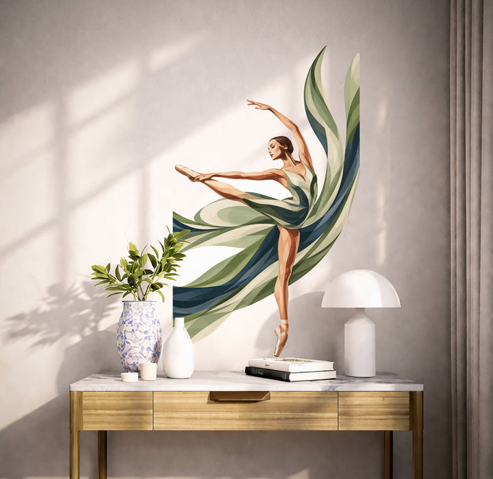 Ballerina with flowing abstract leaves wall decal in a scandinavian interior 02 interior
