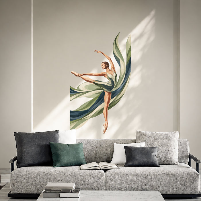 Ballerina with flowing abstract leaves wall decal in a scandinavian interior 05 interior