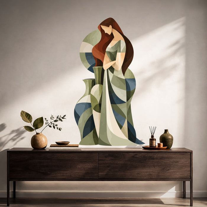 Abstract embracing figures wall decal shown in a japandi hall 01 room
