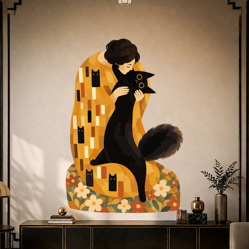 Woman with black cat wall decal shown in a art deco 01 room