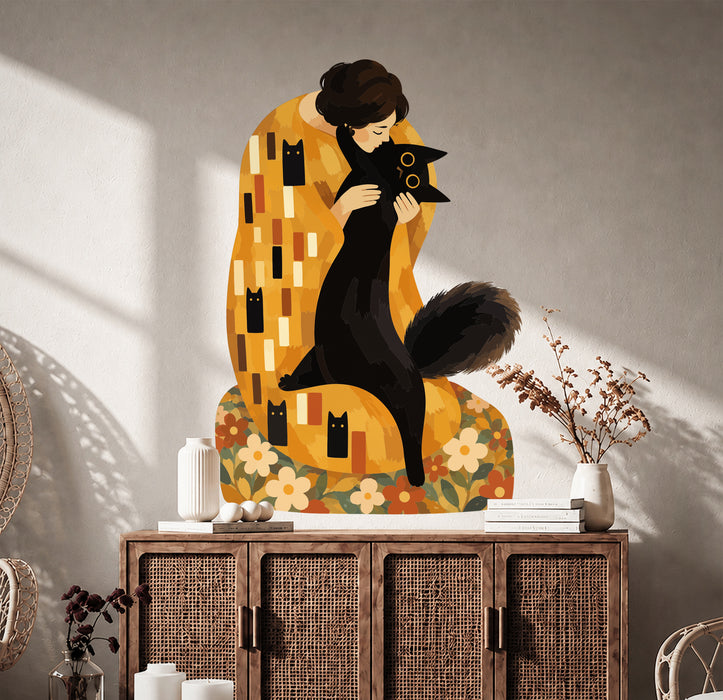 Woman with black cat wall decal shown in a boho interior 03 room