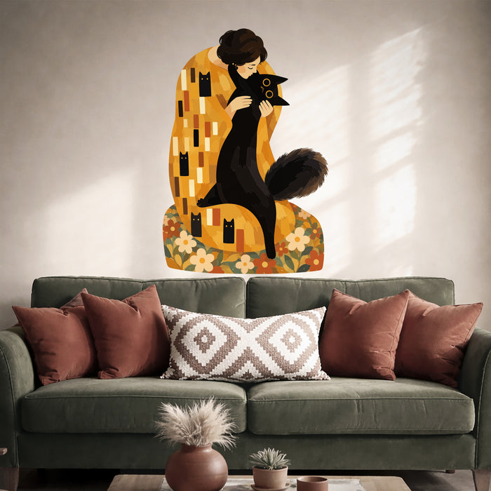 Woman with black cat wall decal shown in a scandinavian interior 04 room