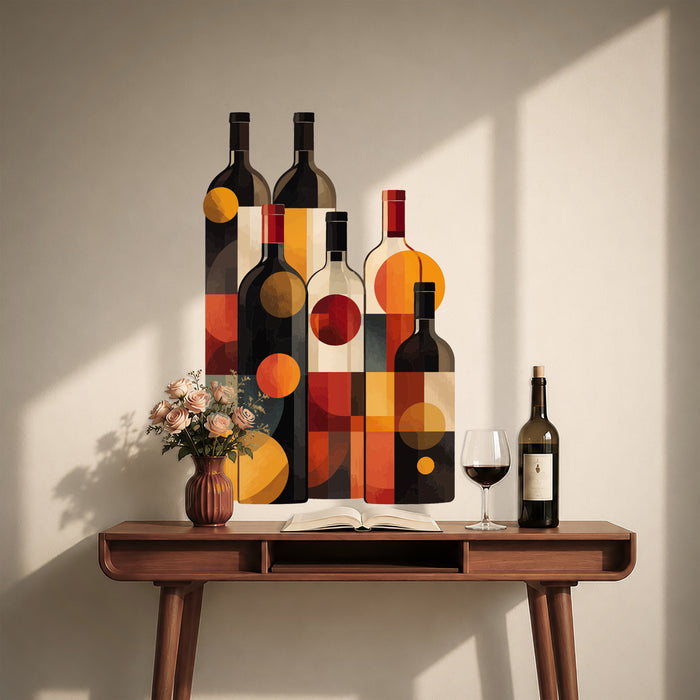 Geometric wine bottle wall decal shown in a mid century modern 05 room