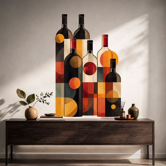 Geometric wine bottle wall decal shown in a japandi hall 01 room