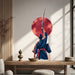 Samurai with raised sword wall decal shown in a japandi living room 03 room