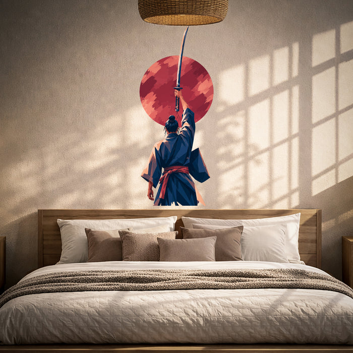 Samurai with raised sword wall decal shown in a japandi bedroom 01 room