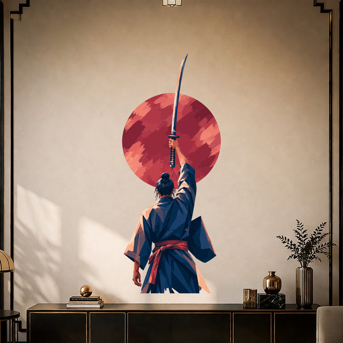 Samurai with raised sword wall decal shown in a art deco 01 room