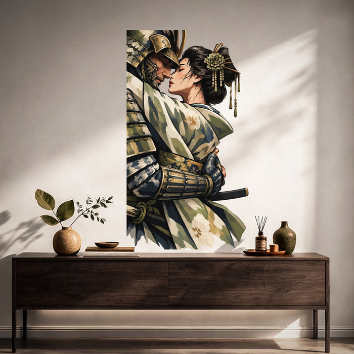 Samurai couple wall decal shown in a japandi hall 01 room