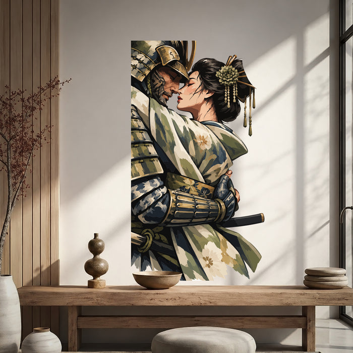 Samurai couple wall decal shown in a japandi living room 03 room