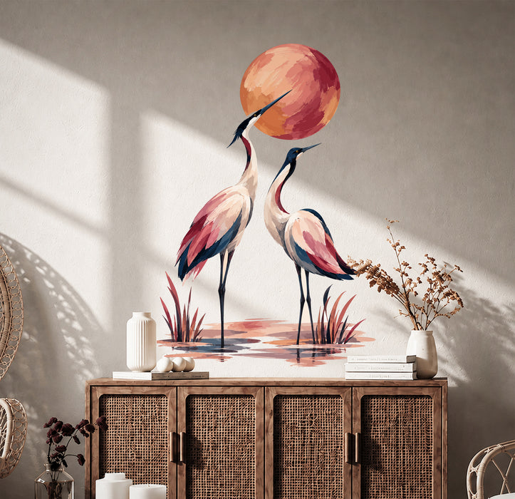 Pair of cranes wall decal shown in a boho interior 03 room