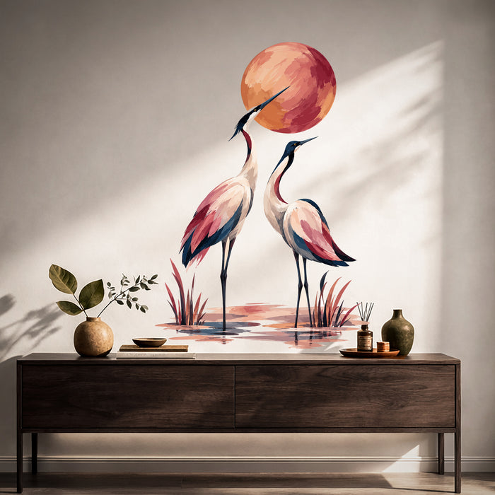 Pair of cranes wall decal shown in a japandi hall 01 room