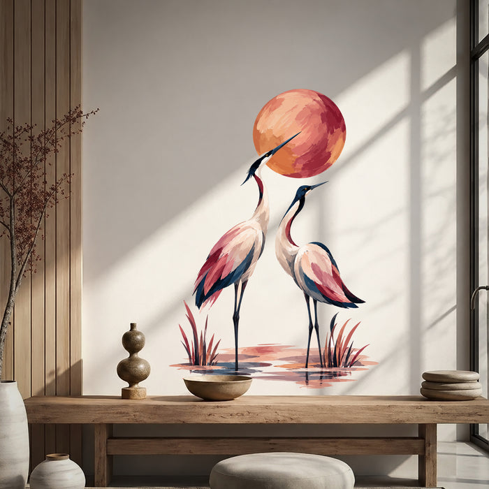 Pair of cranes wall decal shown in a japandi living room 03 room