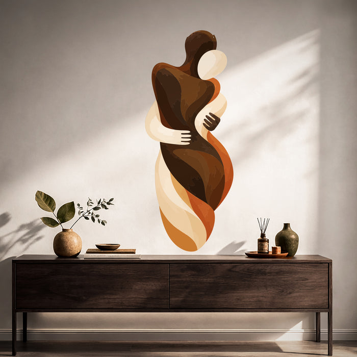 Abstract embracing couple wall decal shown in a japandi hall 01 room