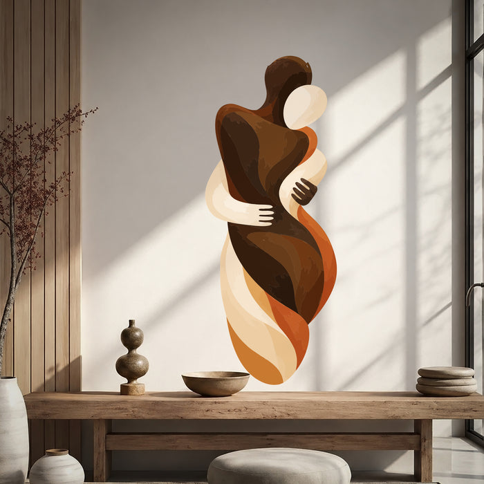 Abstract embracing couple wall decal shown in a japandi living room 03 room