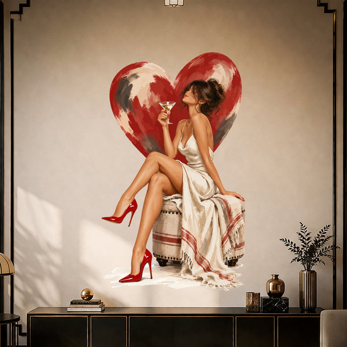 Colorful Woman with Wine and Red Heart Wall Decal Art shown in an interior