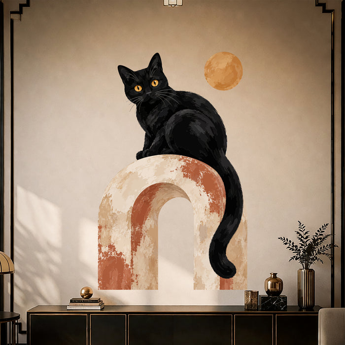 Colorful Black Cat on Terracotta Arch Vinyl Wall Decal displayed in a art deco interior