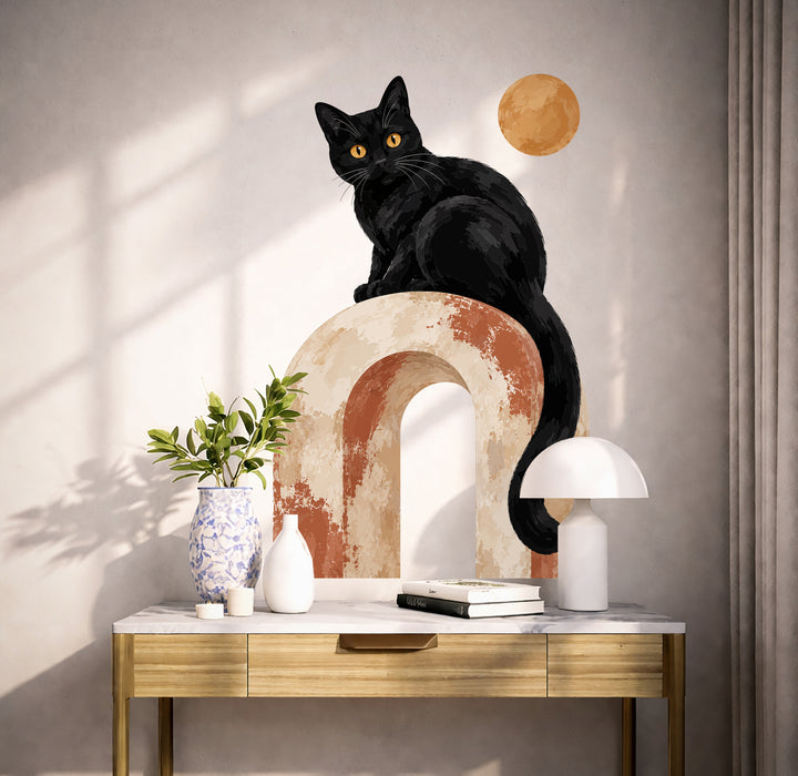 Colorful Black Cat on Terracotta Arch Vinyl Wall Decal displayed in a scandinavian interior interior