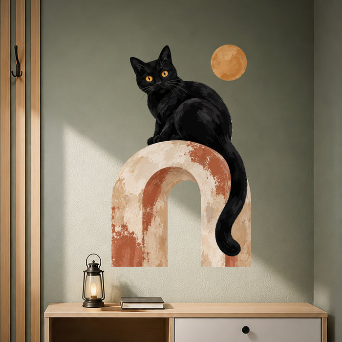 Colorful Black Cat on Terracotta Arch Vinyl Wall Decal displayed in a quote interior interior