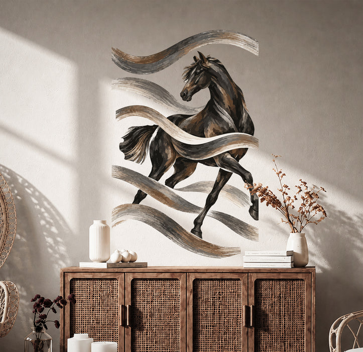 Colorful Horse with Flowing Brushstroke Wall Decal Art displayed in a boho interior interior