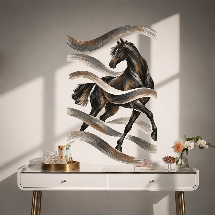 Colorful Horse with Flowing Brushstroke Wall Decal Art displayed in a contemporary interior interior