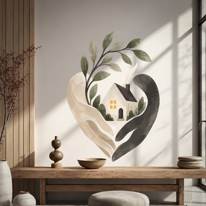 Colorful Caring Hands and Cozy House Vinyl Wall Decal displayed in a japandi living room interior