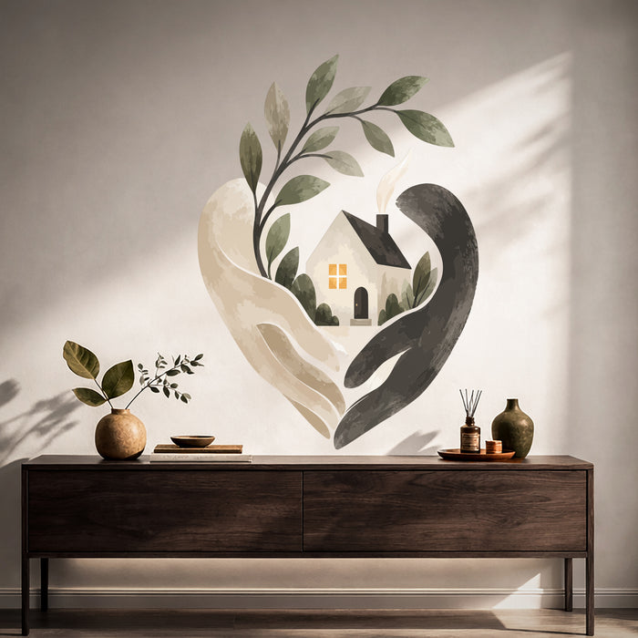 Colorful Caring Hands and Cozy House Vinyl Wall Decal displayed in a japandi hall interior