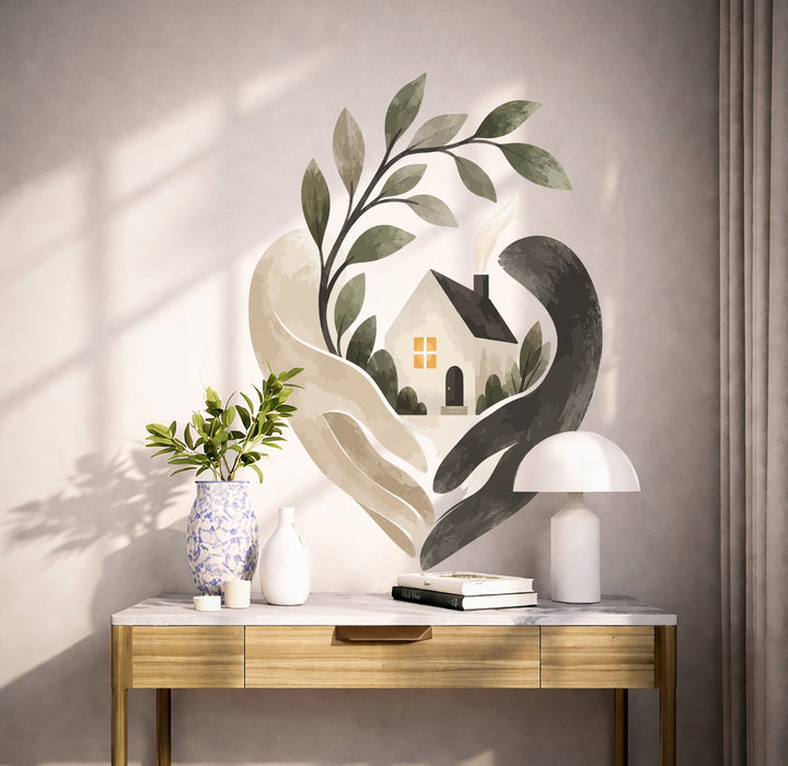 Colorful Caring Hands and Cozy House Vinyl Wall Decal displayed in a scandinavian interior interior