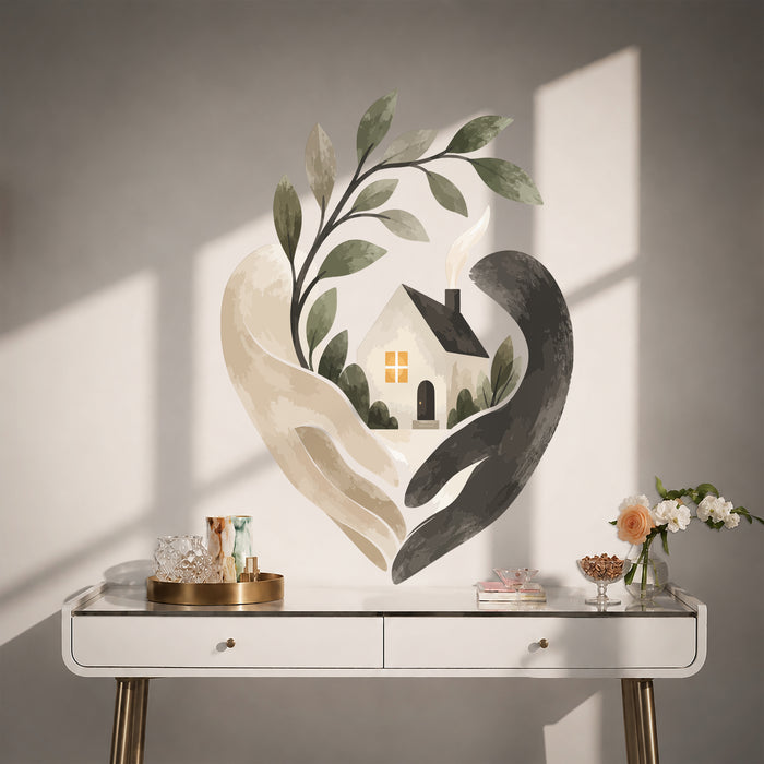 Colorful Caring Hands and Cozy House Vinyl Wall Decal displayed in a contemporary interior interior