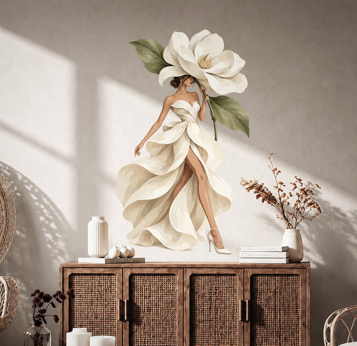 Colorful Magnolia Woman in Petal Dress Wall Decal Art displayed in a boho interior interior