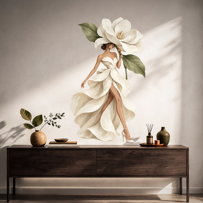 Colorful Magnolia Woman in Petal Dress Wall Decal Art displayed in a japandi hall interior